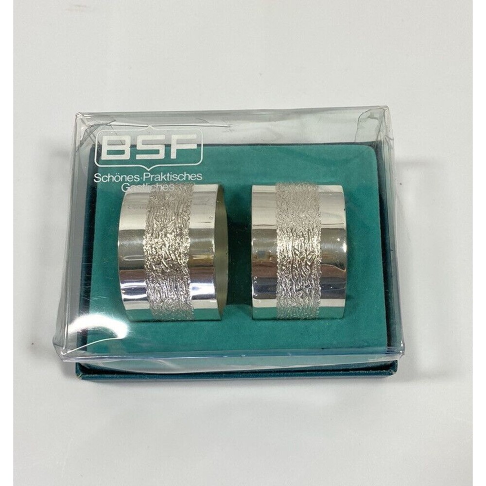 Vintage BSF Silver Plated Pair 2 Napkin Rings In Box Case Dinner Evening Elegant